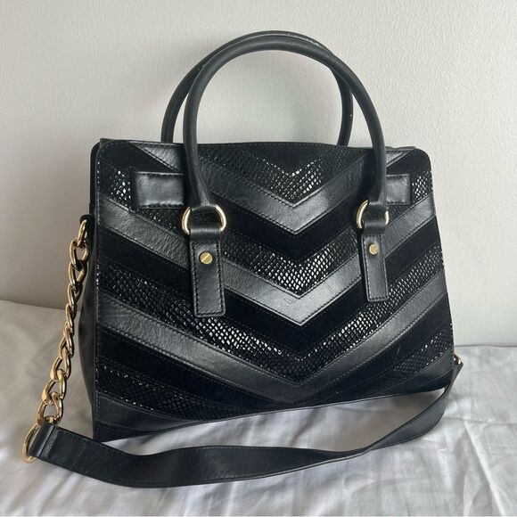 MICHAEL KORS Chevron Stripe Snakeskin Hamilton Satchel Tote Jet Set Raven Fulton - Picture 4 of 11